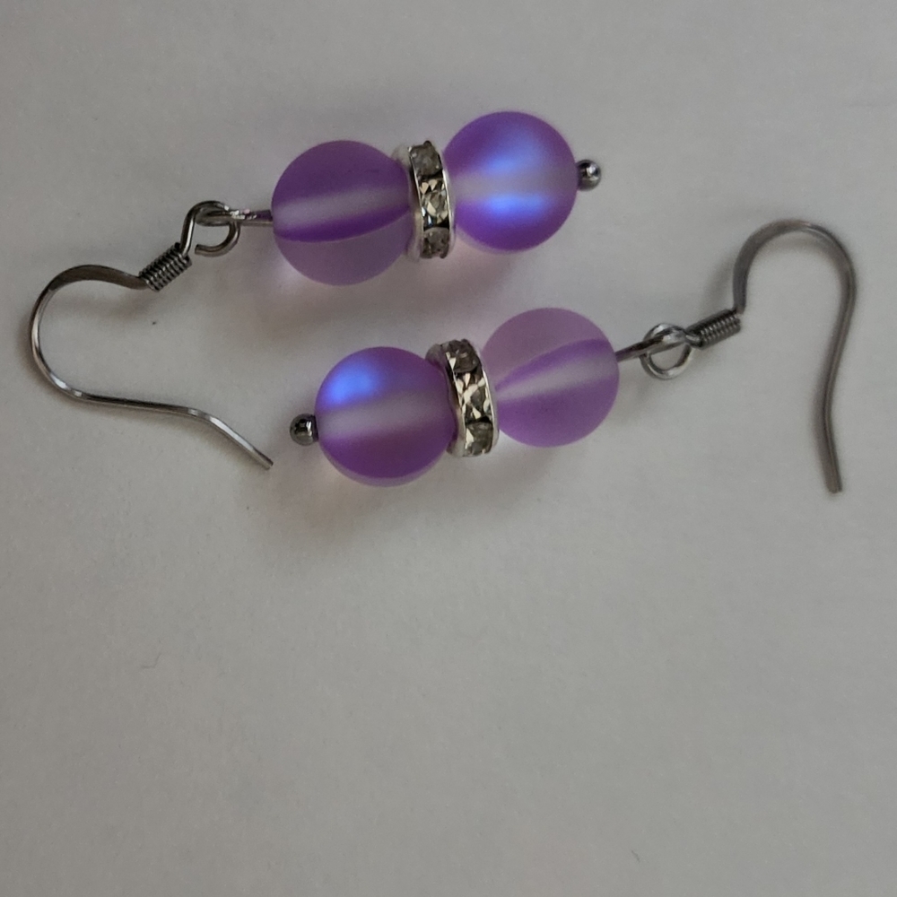 Matte Frosted Purple Holographic Mermaid Bead French Hook Earrings Rhinestone